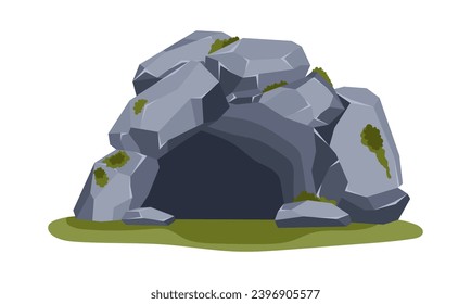 Entrada de la cueva de piedra oscura con arbustos o musgo de estilo plano, ilustración vectorial aislada en fondo blanco. Diseño decorativo, naturaleza, viajes y descubrimiento