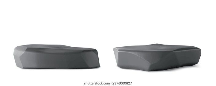 Dark stone podium for products display. 3d realistic vector set of stands with black glossy rock texture. Natural pedestal platform for cosmetic production demonstration. Mockup of gray goods showcase