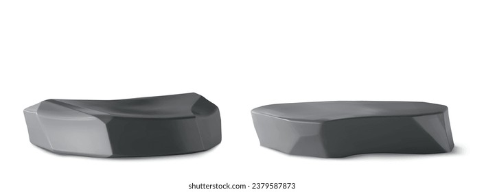 Dark stone podium for products display. 3d realistic vector set of stands with black glossy rock texture. Natural pedestal platform for cosmetic production demonstration. Mockup of gray goods showcase