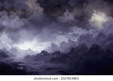 Dark stormy clouds, moody atmosphere, dramatic seascape, abstract art, digital painting, atmospheric landscape, nature background.