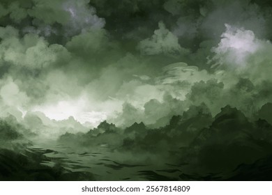 Dark stormy clouds, moody atmosphere, dramatic landscape, abstract nature scene, digital painting, serene water reflections.