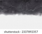 Dark stormy sky with black and grey heavy clouds. Vector realistic halloween gloomy skyscape with thunder isolated on white semi transparent background. 