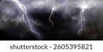 Dark stormy sky with clouds and thunderstorm. Vector realistic illustration of gloomy night cloudscape, electric lightning bolts flashing through thick fog, rainstorm thunder, bad weather forecast