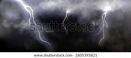 Dark stormy sky with clouds and thunderstorm. Vector realistic illustration of gloomy night cloudscape, electric lightning bolts flashing through thick fog, rainstorm thunder, bad weather forecast