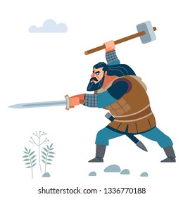Dark strong viking. Medieval warrior from Scandinavian in battle. Vector flat cartoon illustration