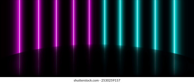 Fondo de estudio oscuro líneas de luz de neón azul rosa, piso de reflexión de luz de escena de sala láser, escenario Horizontal moderno para exhibición de productos.