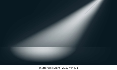 Dark studio background with spotlight lighting from side. Empty room with monochromatic black wall and floor, spot light and shadow. Vector banner for product presentation, realistic photo space.