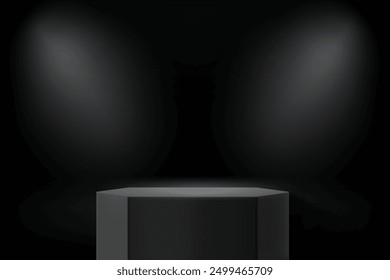 Dunkles Studio mit schwarzem Podium und Projektoren. 3D-Vektor 
