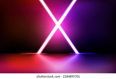 Dark studio with glowing neon lamps with X symbol. 3d vector illustration 