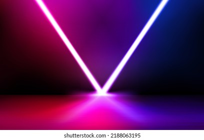 Dark Studio With Glowing Neon Lamps With V Symbol. 3d Vector Illustration 