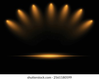 Dark studio room with a vibrant orange stage illuminated by spotlights on a black background. Perfect for dramatic presentations, performances, and product showcases.