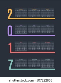 Dark Style 2017 Multicolored Full Calendar, Background Design. Flat Elements Retro Theme Calender, Geometric Lines Promotion Poster Vector Template, Week Starts Sunday