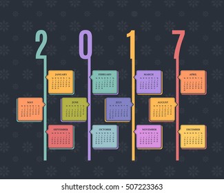 Dark Style 2017 Multicolored Full Calendar, Background Design. Snowflakes Pattern and Flat Elements Retro Theme Calender, Geometric Lines Promotion Poster Vector Template, Week Starts Sunday