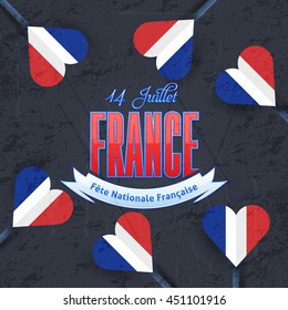 Dark Style Bastille Day Background, Greeting Card Design. "14 of July, National Day France" at English