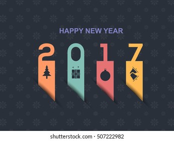 Dark Style Multicolored 2017 Happy New Year Celebration Design, Flat Style Christmas Greeting Card Design, Vector Colorful Retro Elements Snowflakes Pattern Background