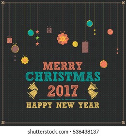 Dark Style Sketch Postcard with 2017 Happy New Year Celebration Design. Greeting Card Design, Hanging Christmas Elements, Vector Background or Flyer, Poster, Web Banner Template
