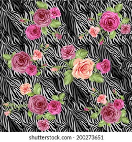 Dark stylish animal pattern with roses. Vector seamless background