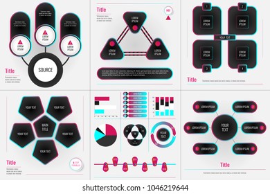 Dark stylish infographics design with five editable templates and one extra kit with charts, list, histogram and yearline to compose your own infographics