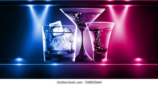 Dark Stylish luxury background with whiskey crockery shot and martini glass
