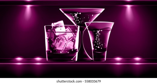 Dark Stylish luxury background with whiskey crockery shot and martini glass