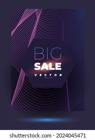 Dark stylish vector template with grid from thin purple lines and lettering big sale and sparkling on the black background