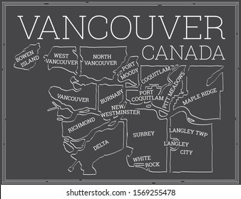 Dark stylized map of greater Vancouver, British Columbia. Blackboard look. Serif slap font with brush strokes. White outlined municipalities of Vancouver.