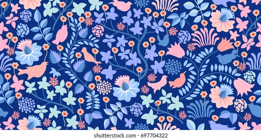 Dark summer forest. Seamless vector pattern with birds, wildflowers and trees on dark blue background. Textile print with vintage motifs.