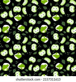 Dark summer green apples on black seamless pattern vector