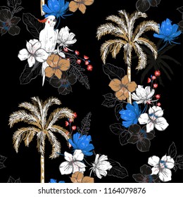 Palmeras oscuras de verano en el bosque negro floreciendo con flores exóticas y fondo de pájaro macarro.Patrón veloz. Ilustración tropical. Follaje de jungla