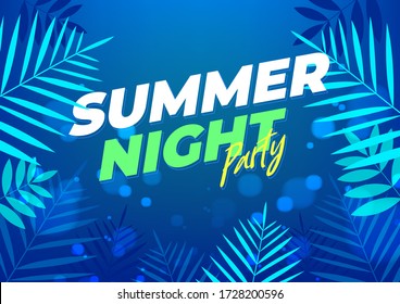 Dark summer night party tropical background for banner or flyer with dark blue palm leaves.