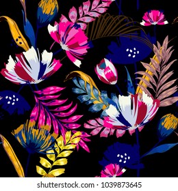 A dark summer night Trendy vector seamless beautiful artistic tropical pattern with exotic forest. Forest original stylish floral background print, colorful  rainbow colors on black
