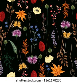 Dark Summer night Vector many kind of wild flowers seamless beautiful on black color background, pattern for fashion and all prints on hand drawing style.