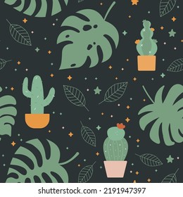 Patrón oscuro de verano con cactus y hojas. Patrones cortos de verano con jugosos símbolos de verano. Ideal para la decoración, textiles, cubiertas, estuches y más