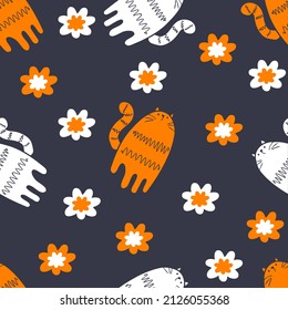 Dark summer seamless pattern with tigers and flowers. Perfect for T-shirt, textile and prints. Hand drawn vector illustration for decor and design.
