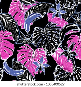 Dark Summer seamless pattern with tropical leaves and branches. Vector  background for design and decoration of textiles, clothing, accessories, wallpaper, curtains, covers, cases, and packaging
