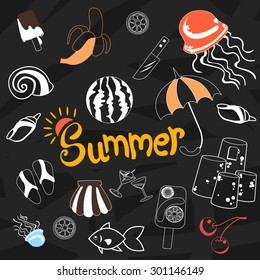 dark summer theme with white and colorful hand drawn doodles and signs