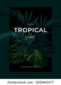 Fondo tropical de verano oscuro con hojas de palmera exóticas. Plantilla vectorial floral.