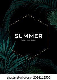 Dark summer tropical background with exotic palm leaves. Vector floral template.