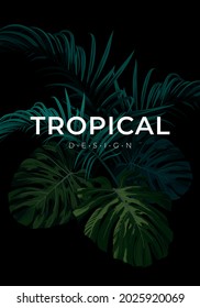 Dark summer tropical background with exotic palm leaves. Vector floral template.