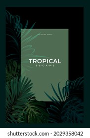Dark summer tropical background with exotic palm leaves. Vector floral template.