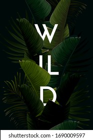 Dark summer tropical design with banana palm leaves and integrated text with 3d effect. Vector illustration.