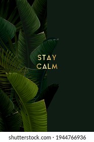 Dark summer tropical design with banana palm leaves and integrated text with 3d effect. Vector backdrop illustration.