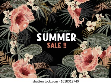 Dark Summer tropical night vector retro style design for banner or flyer with green exotic forest and palm leaves and lettering on black
