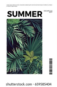 Dark summer vector tropical postcard design with green jungle palm leaves. Space for text.