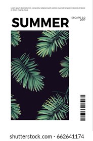 Dark summer vector tropical postcard design with green jungle palm leaves. Space for text.