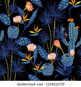 Dark summmer night Seamless pattern vector tropical ,flower,bird of paradise and cactus forest ,hand drawing style for fashion,fabric and all prints on black background.