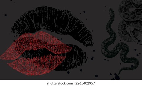 Dark surreal art. Suitable for e.g. a Halloween banner or party invitation. Vector design template for poster, flyer, card, brochure. Vector illustration. Red and black lips, snakes.