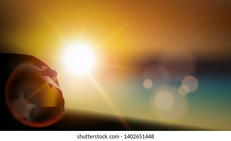 Dark SUV Car On Concrete Road Near The Sea At Sunset. EPS10 Vector