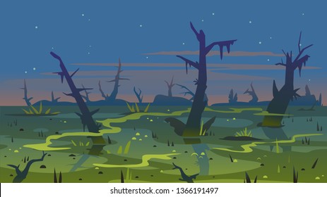 Dark swamp landscape with dead trees in fog around plants, terrible mystical place, swamp with bulrush plants at twilight, disgusting smelly mysterious place background