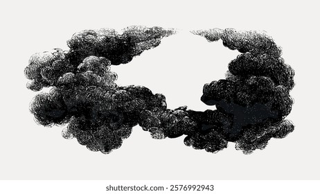 Dark, swirling clouds create a dramatic, ominous atmosphere. The black clouds form a dense, textured pattern, evoking a sense of mystery and intensity. Vintage nature illustration isolated, vector.